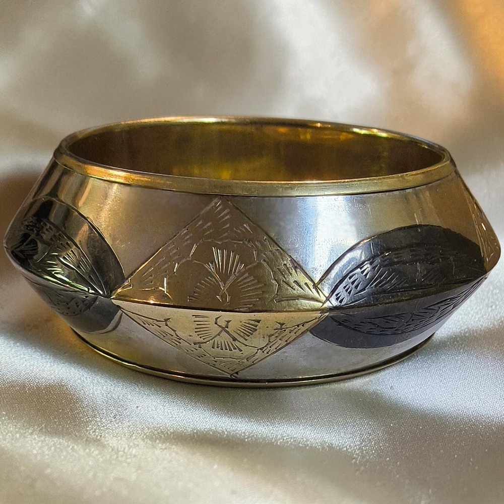 Vintage Brutalist Mixed Metal Wide Cuff Bracelet Modernist